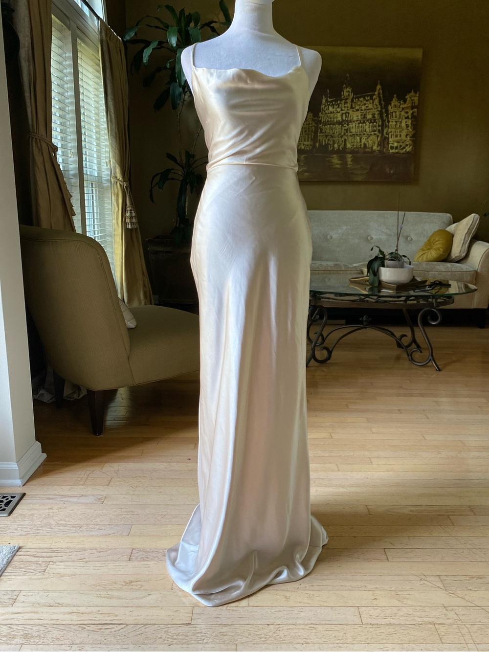 Lulus Inspire Romance Champagne Satin Cowl Neck Lace-Up Maxi Dress Small/ medium - Picture 4 of 16